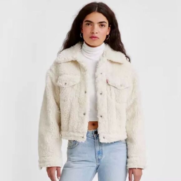 NEW Levi's Baby Bubble Sherpa Trucker Jacket Coconut Milk Cream Off White Size L - Picture 2 of 15